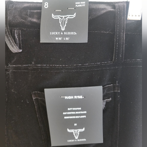 Lucky & Blessed NWT Black Velvet High Rise Flare Jeans Size 8 - Picture 5 of 7